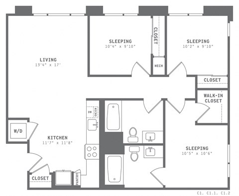 Floor plan for 3 beds, 2 baths, 1050 sqft